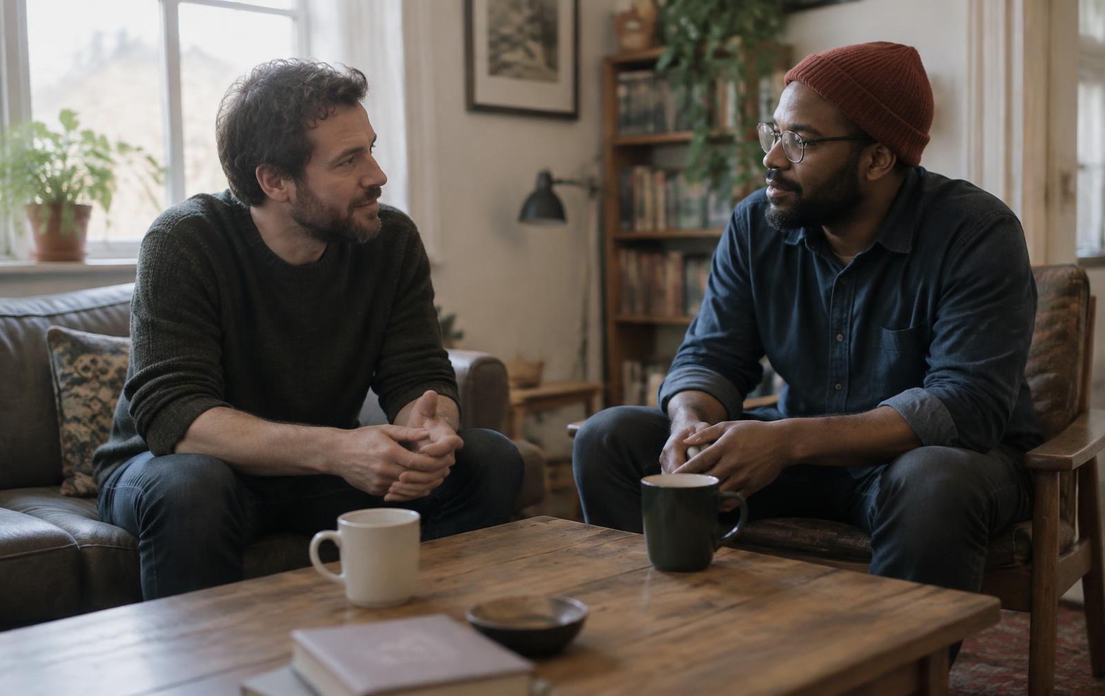 Two men sitting in a quiet room having an unhurried conversation