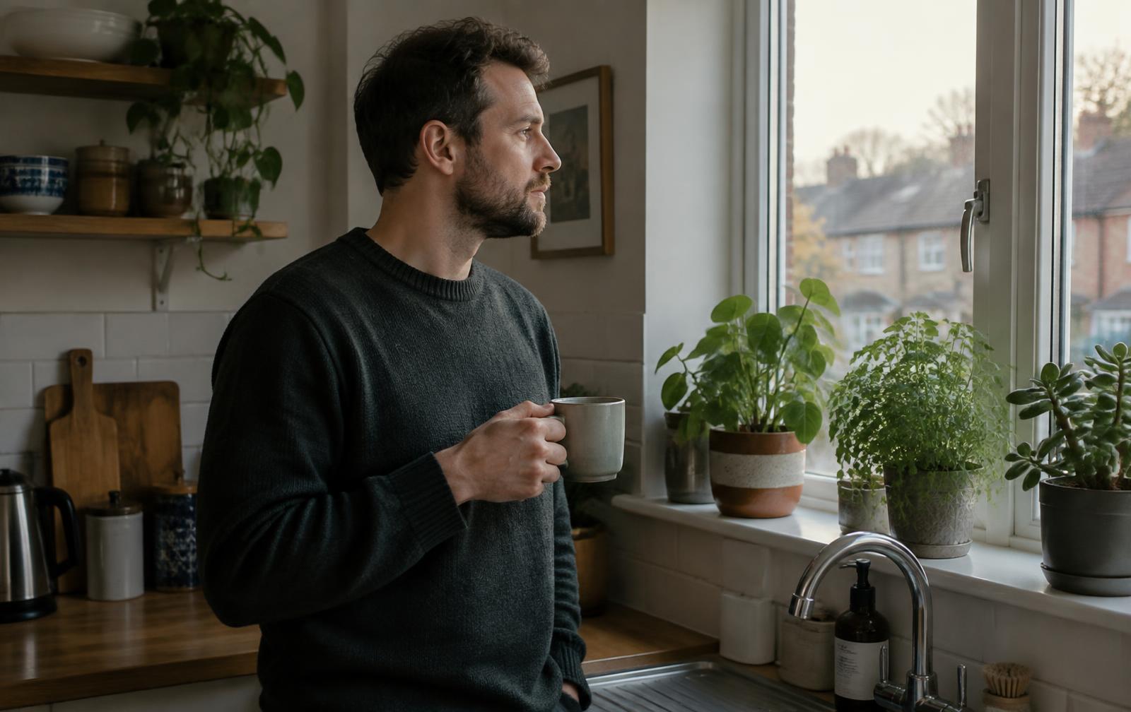 A man standing at a kitchen window with a mug of tea in the late afternoon