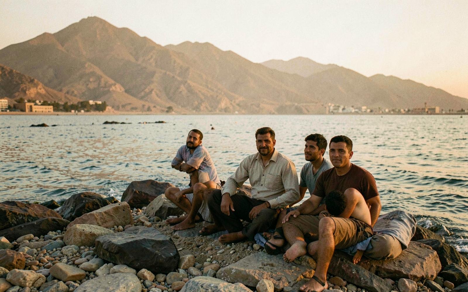 A small group of men sitting together by the Red Sea at sunset near Dahab