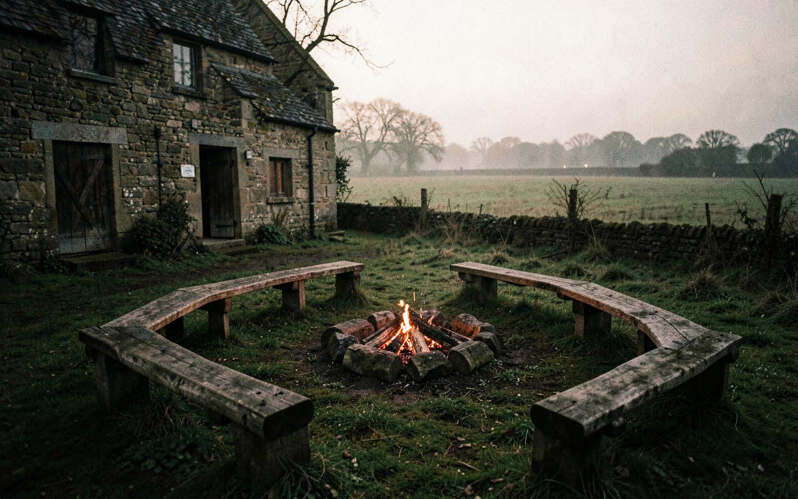 Wooden benches around a lit fire pit outside a secluded stone farmhouse