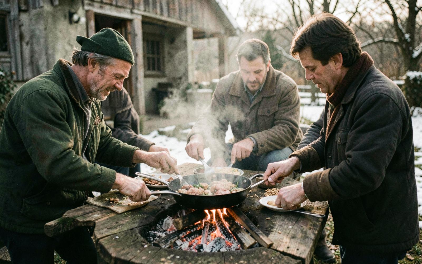 Men cooking together outdoors at a rustic farmhouse