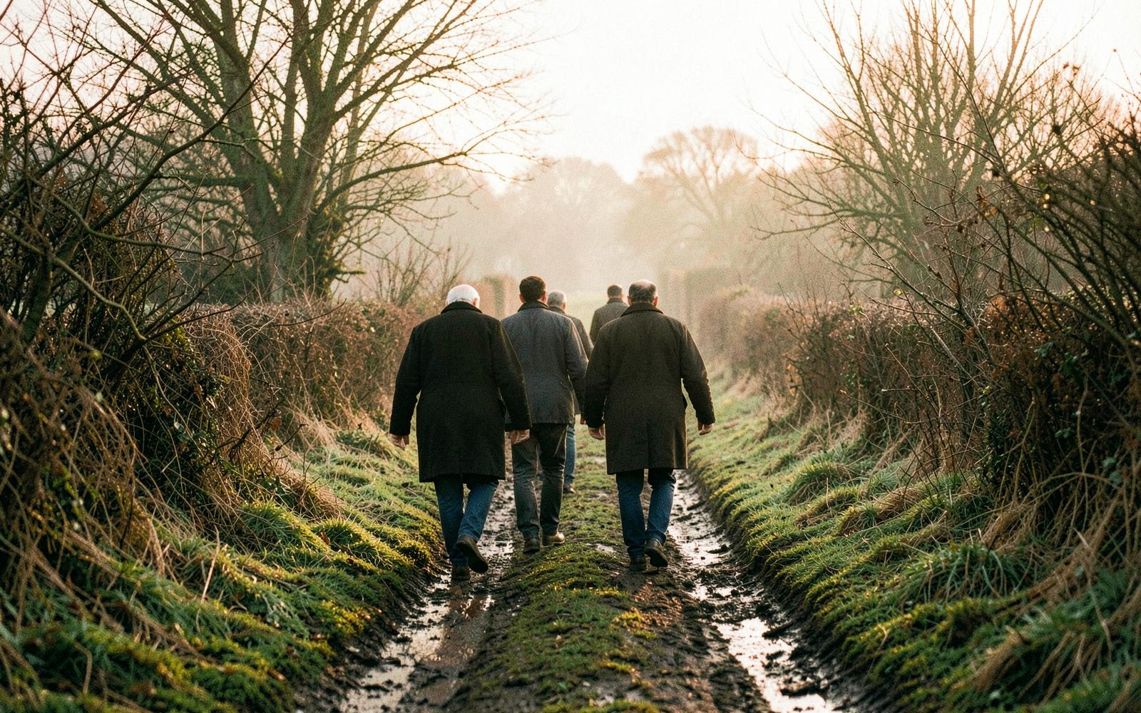 A small group of men walking a countryside track in winter light